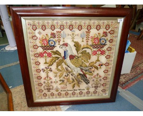 A Mahogany framed Welsh wool sampler by Anne Jones, 19th c. excellent condition and neatness of sewing, in vibrant colours, b