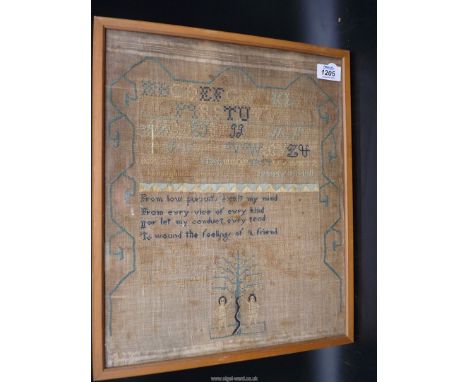 A framed and glazed sampler by Jane Walters aged 13, 1813 showing Adam and Eve, tree of life, snake, family named and initial