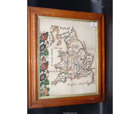 An early 19th c. sampler of a map of Britain with partial rose border, in fine sewing and good condition, in burr Maple frame