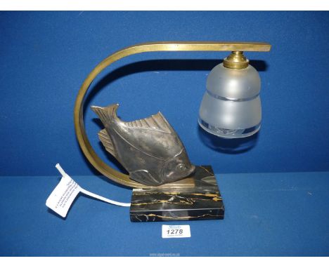 An Art Deco design Fish lamp on black marble base, signed M. Font, 9 1/2" tall.