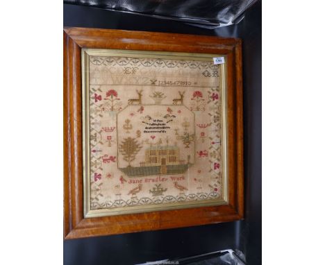 An early 19th c. sampler by Jane Bradley showing Adam and Eve figures with their names, deer, lions, angels, verse, Georgian 