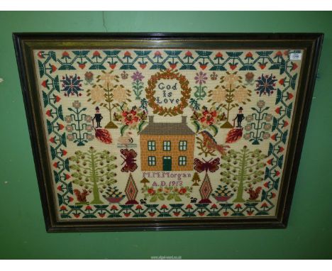 A large framed rare later sampler by M.M Morgan, 1913 'Welsh Wool House' showing figures, fruit trees, squirrels, dog, bird, 