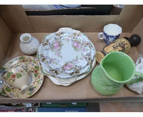A box of mixed china including Royal Worcester trio, Wade jug, Royal Vienna, Wedgwood, Johnson Bros. etc.