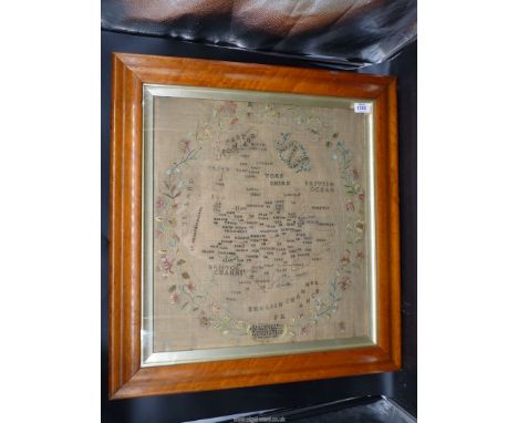 A beautifully sewn Map sampler by Mary North, 11 years, 1813, showing England and Wales with bright intricate floral border a