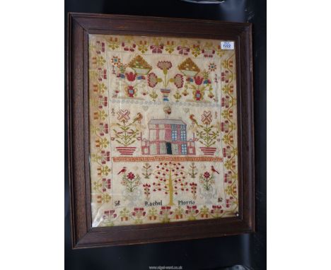 An Oak framed and glazed colourful wool sampler by Rachel Morris, mid 19th c. showing a Georgian house, Tree of Life, various