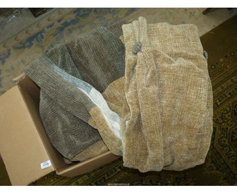 Two pairs of chenille curtains in beige and brown (one pair 77" drop x 54" wide, the other pair 77" drop x 104" wide), plus a