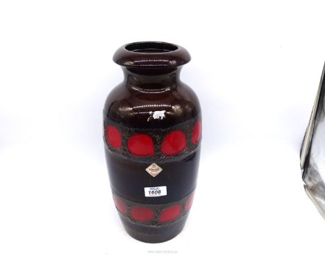 A c. 1970's Scheurich West German ceramic vase in brown with red glazed circles surrounded by two black fat lava bands and ha