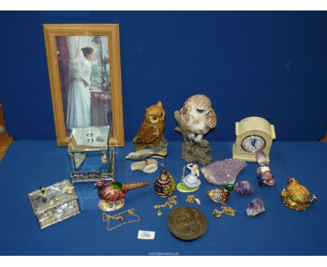 A quantity of miscellanea to include; six trinket boxes including birds and Alice in Wonderland, Leonardo clock, horn bird, c
