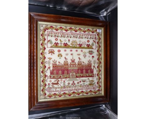 A Rosewood framed sampler by Eliz Ann Bainbridge, aged 12, 1855 showing King Solomon's Temple, a very rare, excellent conditi