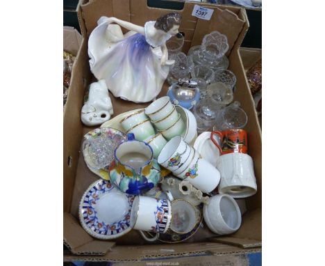 A small quantity of china and glass including Royal Doulton 'A Gypsy Dance', Wedgwood Jasperware lighter, Crested ware, etc
