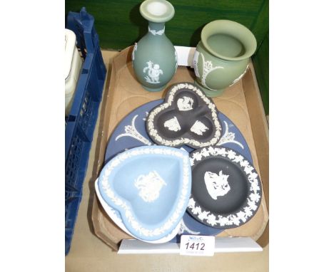A selection of Wedgwood Jasperware to include white on Portland blue plate, 8" diameter, sage green vase, 4" tall, olive gree