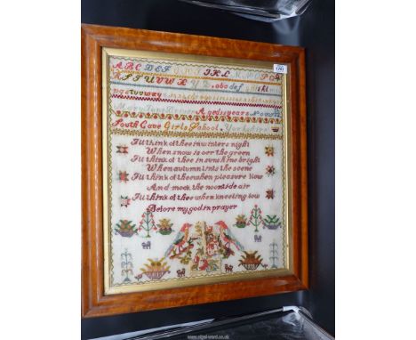 A sampler by Mary Jane Driver, aged 11, Nov 27, 1884, a wool sampler with rare name place 'South Cave Girls School, Yorkshire