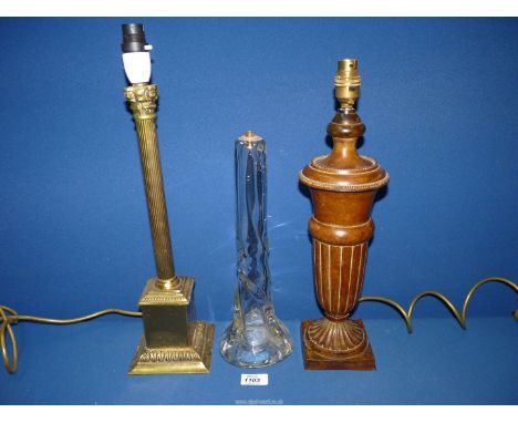 Three Table lamps being a Corinthian column brass table lamp, cast metal table lamp and a Strathearn glass lamp base, all 16"