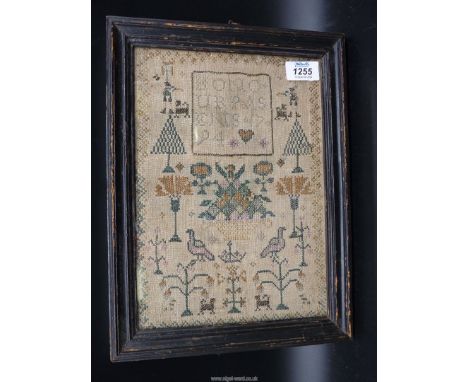 A small early needlework sampler with dogs and motifs by Honour Pasens, 1794, 11'' x 8''.