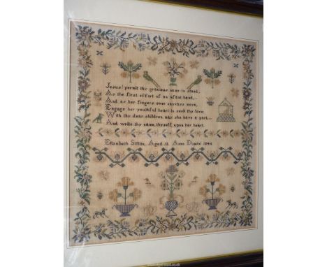 A finely sewn sampler by Elizabeth Sillito, aged 13, 1846 showing verse, gazebo, crowns, birds, dogs, stylised floral urns an