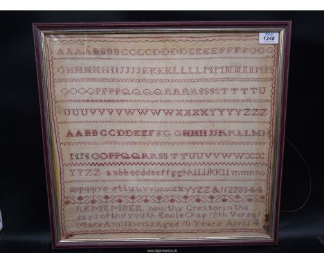 A sampler by Mary Ann Morris, aged 10,April 4th, early 19th c. School Sampler, with alphabet, borders and verse 'How short is