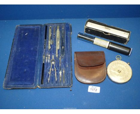 A cased drawing set, a/f., a Fowler's vintage calculator in leather pouch and an Otis King model 'L' calculator (boxed), no. 