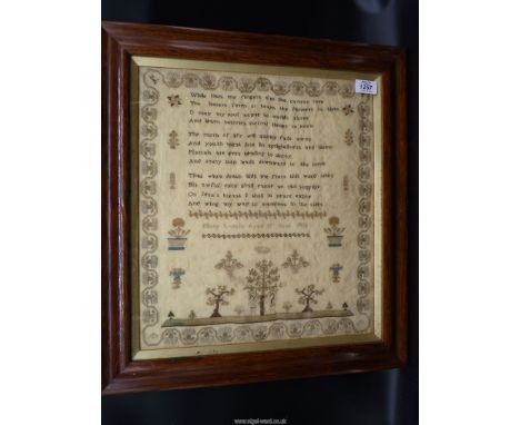 A Rosewood framed sampler by Mary Lavery, aged 11, June 1822 (verso -married L. Yates, four sons named), a lovely silk sample