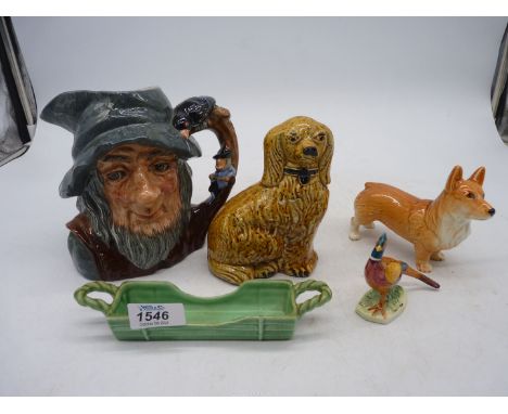 A large Royal Doulton Rip Van Winkle Toby jug, a Sylvac figure of s Corgi, a spaniel, a china pheasant etc.