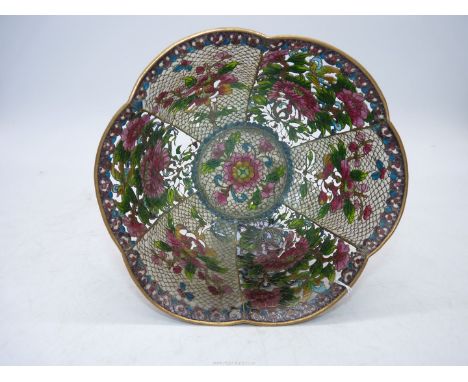 A delicate and unusual, probably Oriental, bowl of six-lobed form constructed similarly to Cloisonné work with fired polychro