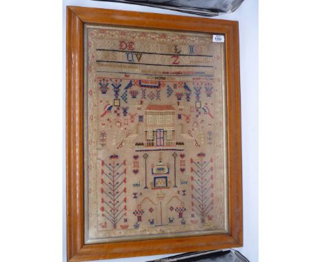 A Maple framed and glazed sampler by Margaret Thomas aged 14, 28. 08. 1847, showing a Georgian house, stylized trees, peacock