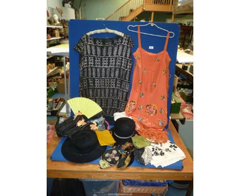 A quantity of vintage ladies clothes, hats, scarves, bags etc., including two Genevieve Louis by Nigel Rayment hats, Jacqmar 
