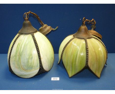 A green slag glass tulip light Shade, plus another similar, both 11'' high x 10" diameter.