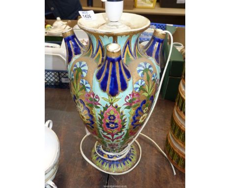 A Fischer Budapest 361 floral Table lamp with blue/green/pink and gilt decoration.