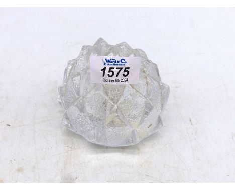 An Orrefors Sweden artichoke crystal glass tea light holder, 2" wide x 3" high.