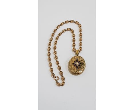 VICTORIAN 18 CARAT GOLD ENAMEL AND PEARL LOCKET ON 9 CARAT GOLD CHAIN CIRCA 28.6 GRAMS 