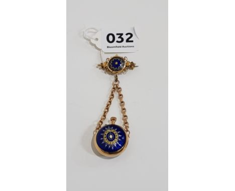 BEAUTIFUL VICTORIAN 15 CARAT GOLD AND ENAMEL BALL WATCH ON GOLD AND ENAMEL BROOCH 