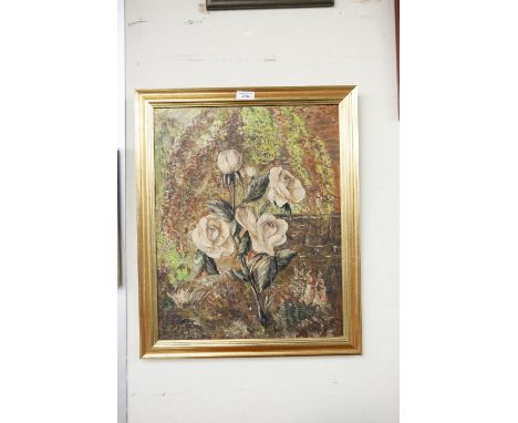 M. LEVY OIL ON CANVAS ROSEBUSH SIGNED 20" X 16" (AS FOUND)