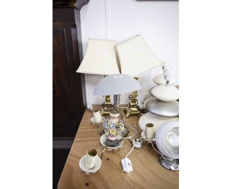 A PAIR OF BRASS TABLE LAMPS, WITH CREAM SHADES, A 1960's ITALIAN PORCELAIN FLORAL EMBOSSED THREE BRANCH LIGHT FITTING, A 1960