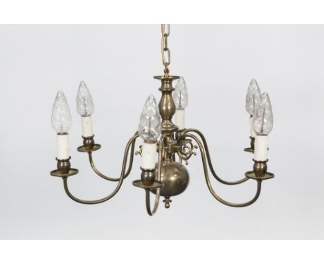 MODERN DUTCH STYLE BRASS SIX LIGHT ELECTROLIER, with scroll arms issuing from a ball and turned central column, 37 ½" (95.3cm