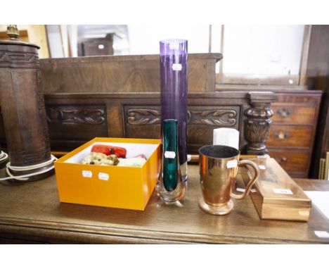 ORIENTAL BAMBOO WALKING STICK, WITH METAL POMMEL; SMALL MERRY THOUGHT TEDDY BEAR; A TALL PURPLE STUDIO GLASS CYLINDRICAL VASE