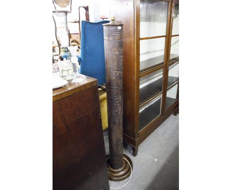 STANDARD LAMP AND TWO TABLE LAMPS, LEATHER COVERED WITH INCAN MOTIFS, MADE IN PERU, PURCHASED 1960's 