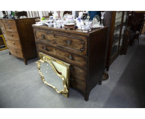 GEORGE III MAHOGANY SECRETAIRE CHEST WITH FALL FRONT SECRETAIRE DRAWER OVER THREE GRADUATED LONG DRAWERS, ON SPLAYED BRACKET 