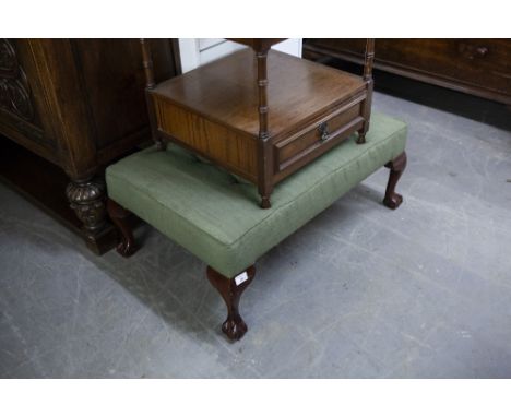 A REPRODUCTION LONG LOW STOOL,  with brushed silk button top raised on cabriole legs and ball and claw ends and a WHITE PAINT