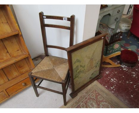 Oak and tapestry fire screen & single chair