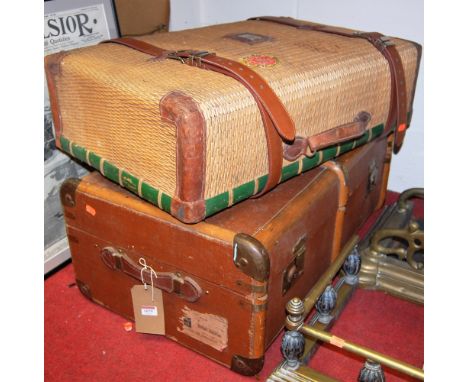 A faux wicker and leather capped suitcase; and a metal bound trunk (2)