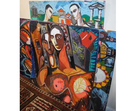 Four various contemporary abstract portrait oils on board, each painted in bright colours