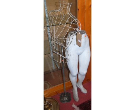 A white painted fibreglass shop display mannequin section; together with a 1960s chrome and wirework shop torso mannequin (2)