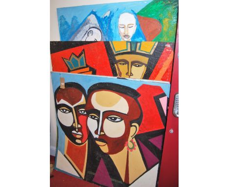 Four various contemporary abstract portrait oils on board, each painted in bright colours