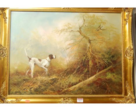 J Fitz - Hunting hound and gamebird in a woodland, oil on canvas, signed lower right, 45 x 60cm