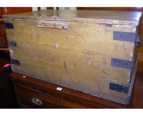 A 19th century scrumble finished pine and metal bound tool chest, width 84cm