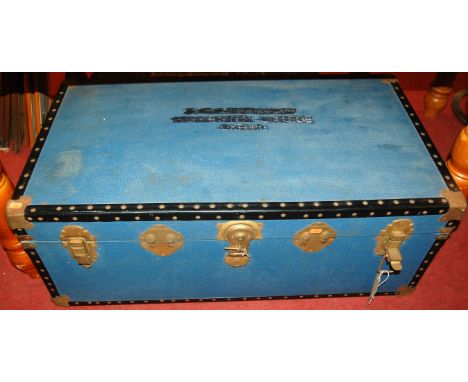 A canvas and metal bound travelling trunk, w.92cm