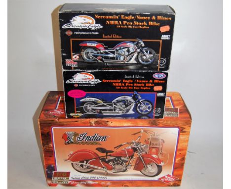 An Ertl Screamin' Eagles Harley Davidson limited edition Pro-stock bike, together with one other, sold with a Guitoy Indian 1