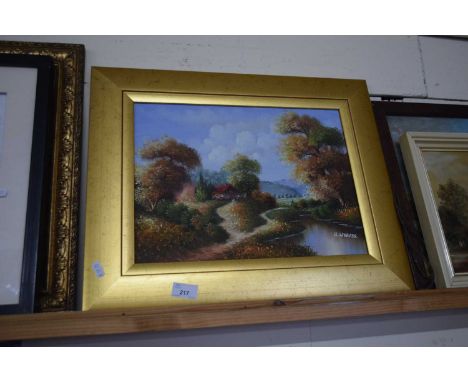 R WEAVER, STUDY OF A RIVERSIDE COTTAGE, OIL ON CANVAS, GILT FRAMED