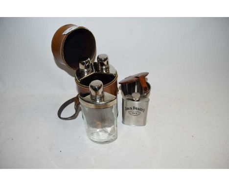 LEATHER CASED TRAVELLING THREE BOTTLE SPIRIT SET, A JACK DANIELS HIP FLASK AND TRAVELLING LEATHER CASED CUPS