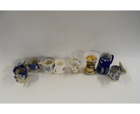 MIXED LOT VARIOUS TRANSFER PRINTED MUGS, DRESDEN CUP, A SPODE LIMITED EDITION POT POURRI VASE ETC